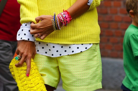 yellow on yellow with a hint of lime. polka dots, squares, cable knit. friendship bracelets galore. vogue.com