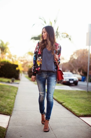 Floral printed bomber jacket street style