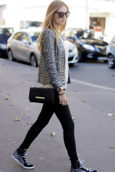 Chiara Feragni wearing sequin jacket and sneakers