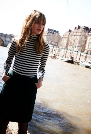 Striped turtleneck worn with midi skirt