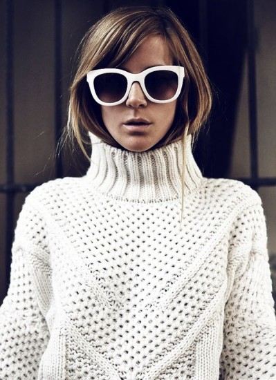 White turtleneck sweater with matching sunglasses