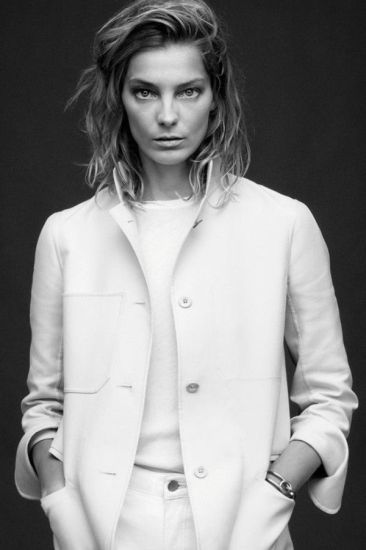 Daria Werbowy wearing Jil Sander jacket for Harpers Bazaar