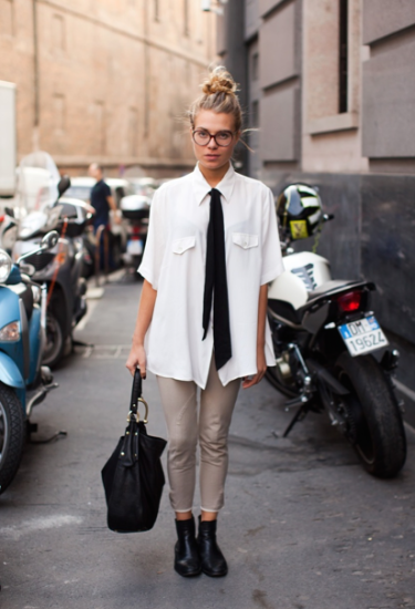 Oversized shirt with a tie for Stockholm street style