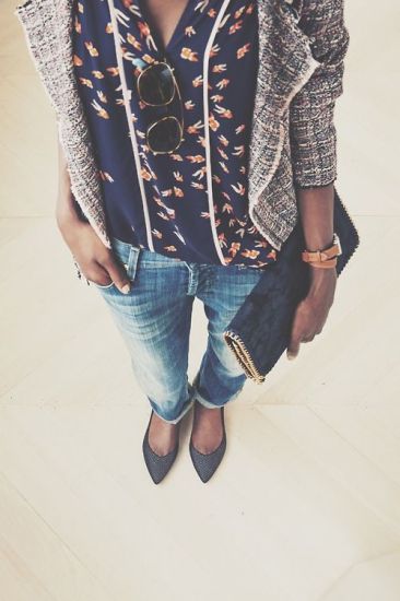 Printed-blouse-worn-with-boyfriend-jeans-patterned-blazer-tip-toe-flats-and-a-clutch-bag