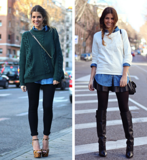 Denim shirt under large sweater